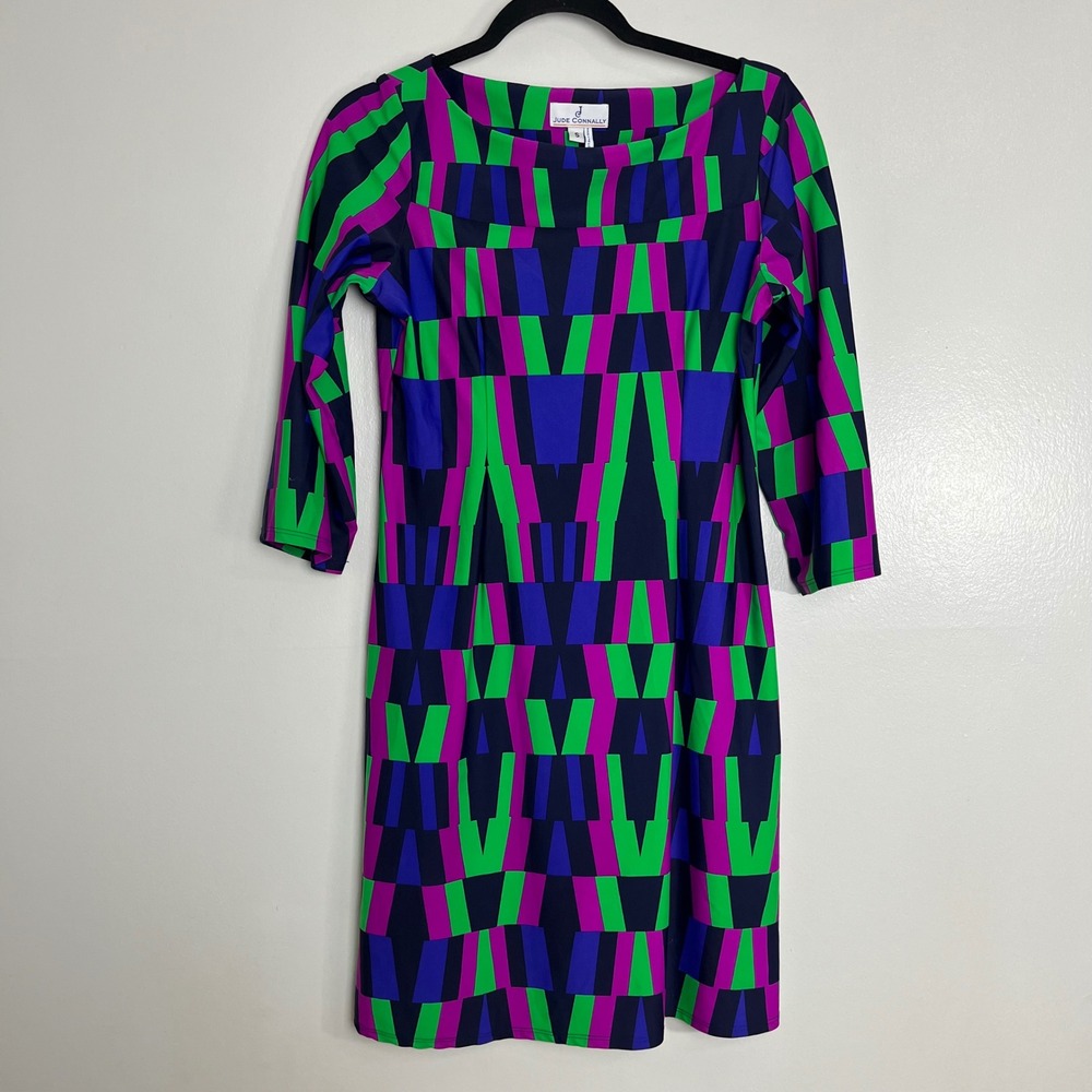 Jude‎ Connally Goemetric Print Holly Dress Size Small S Boatneck 3/4 Sleeve